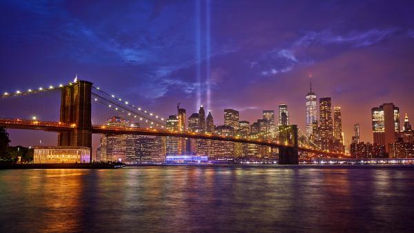 Brooklyn Bridge with the 'Tribute in Light' installation for 9/11, New York (©