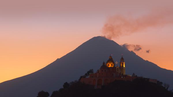 Church of Nuestra Señora de los Remedios and Popocatépetl, Puebla, Mexico (©