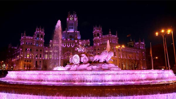 Cibeles Fountain and Madrid City Hall lit for International Women's Day, Madrid,