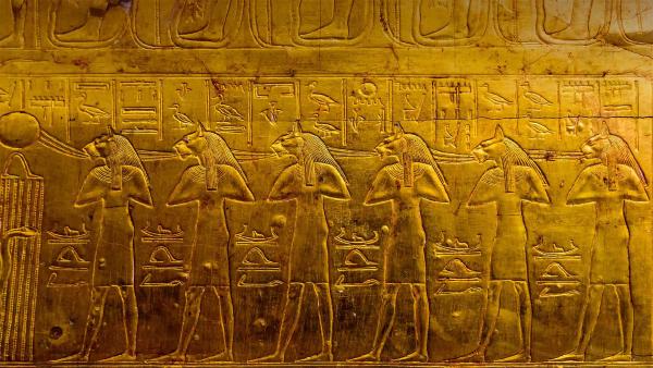 Depiction of deities from the Tomb of Tutankhamun at the Egyptian Museum, Cairo,