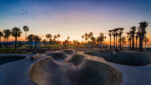 Venice Skatepark at sunset, Los Angeles, California (©