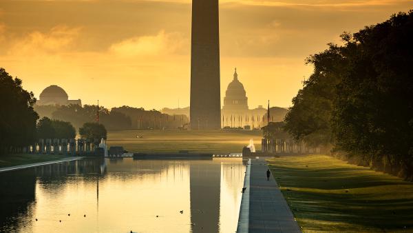 Washington Monument and Capitol Building on the National Mall, Washington, DC (©