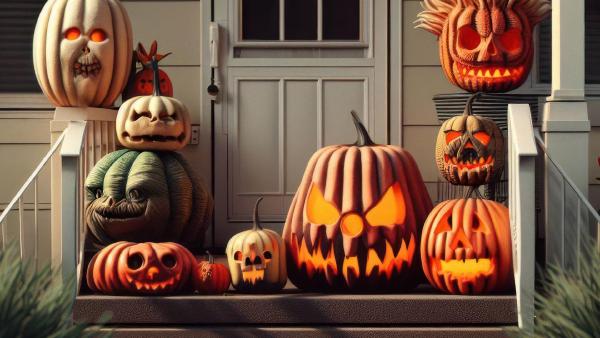 Halloween jack-o'-lanterns on a porch (© Bing Image Creator)