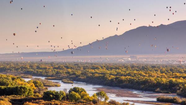 Hot air balloons over the Rio Grande, Albuquerque, New Mexico (© Jennifer