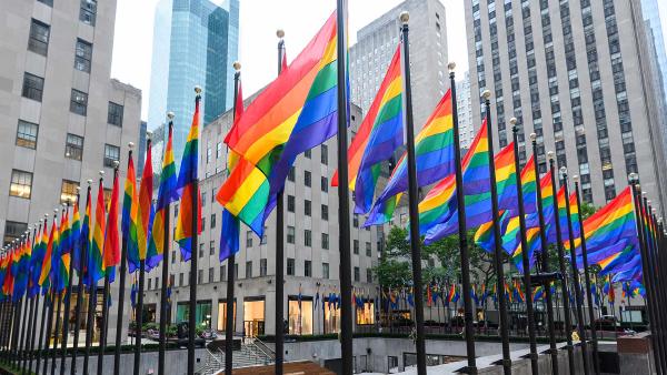 Rainbow flags at Rockefeller Center on June 28, 2020, New York City (© Noam Galai/Getty Images)